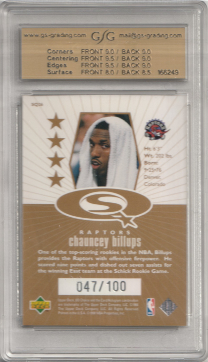1998-99 UD Choice StarQuest Gold #SQ26 Chauncey Billups 047/100 GSG 8.5 (back)