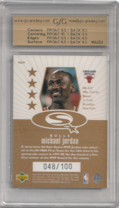 1998-99 UD Choice StarQuest Gold #SQ30 Michael Jordan 048/100 GSG 8.0 (back)